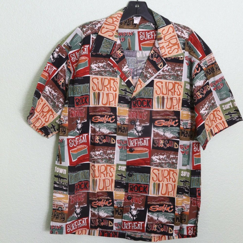 Surf's Up Button Up Shirt Sz L Men's Green Brown Red Surfing Collage Print